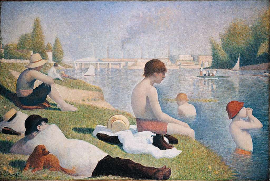 London National Gallery Top 20 19 Georges Seurat - Bathers at Asnieres Georges Seurat - Bathers at Asnieres, 1884, 201 x 300 cm. This work shows a group of young factory workers relaxing on the riverbank at Asnires, an industrial suburb west of Paris on the River Seine. Although he hadnt invented his pointillist technique yet, the artist later reworked areas of this picture using dots of contrasting colour to create a vibrant, luminous effect. For example, dots of orange and blue were added to the boy's hat.